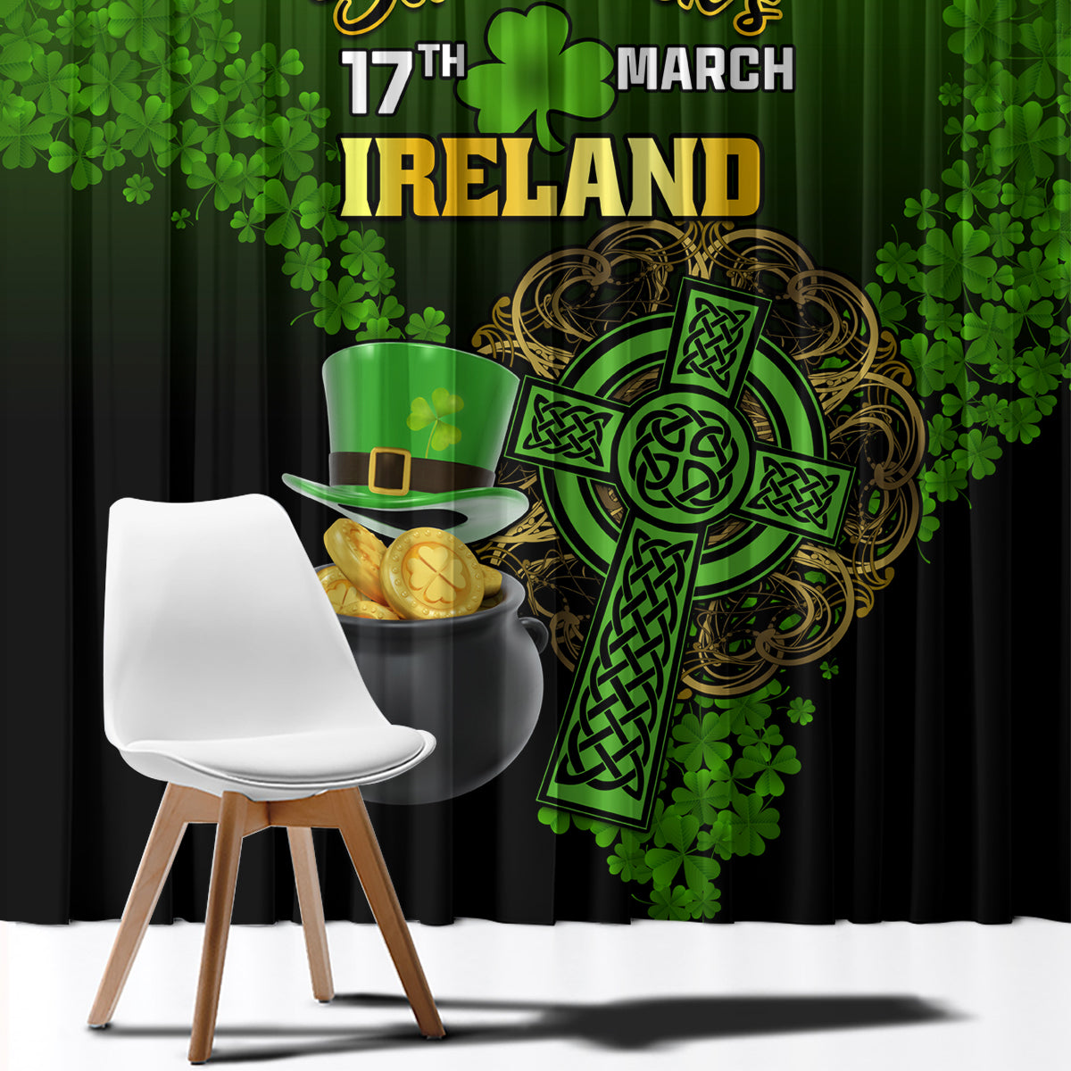 Green and black St. Patrick’s Day curtain panel featuring shamrock and gold coin pot illustration