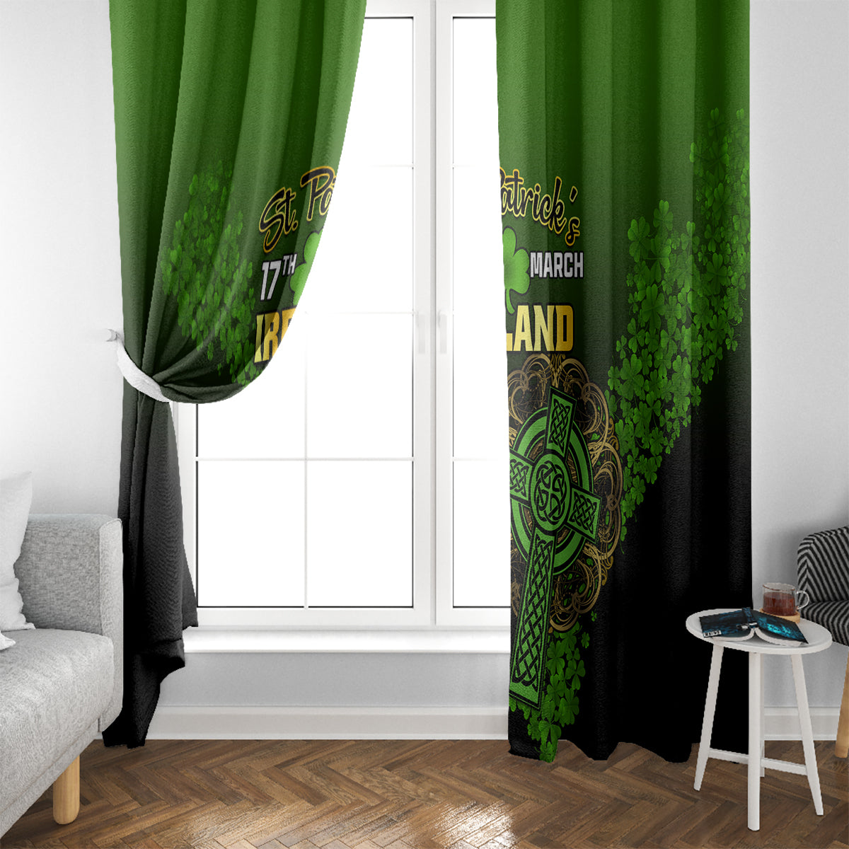 Green and black St. Patrick’s Day window curtain panels with shamrock and gold pot motif