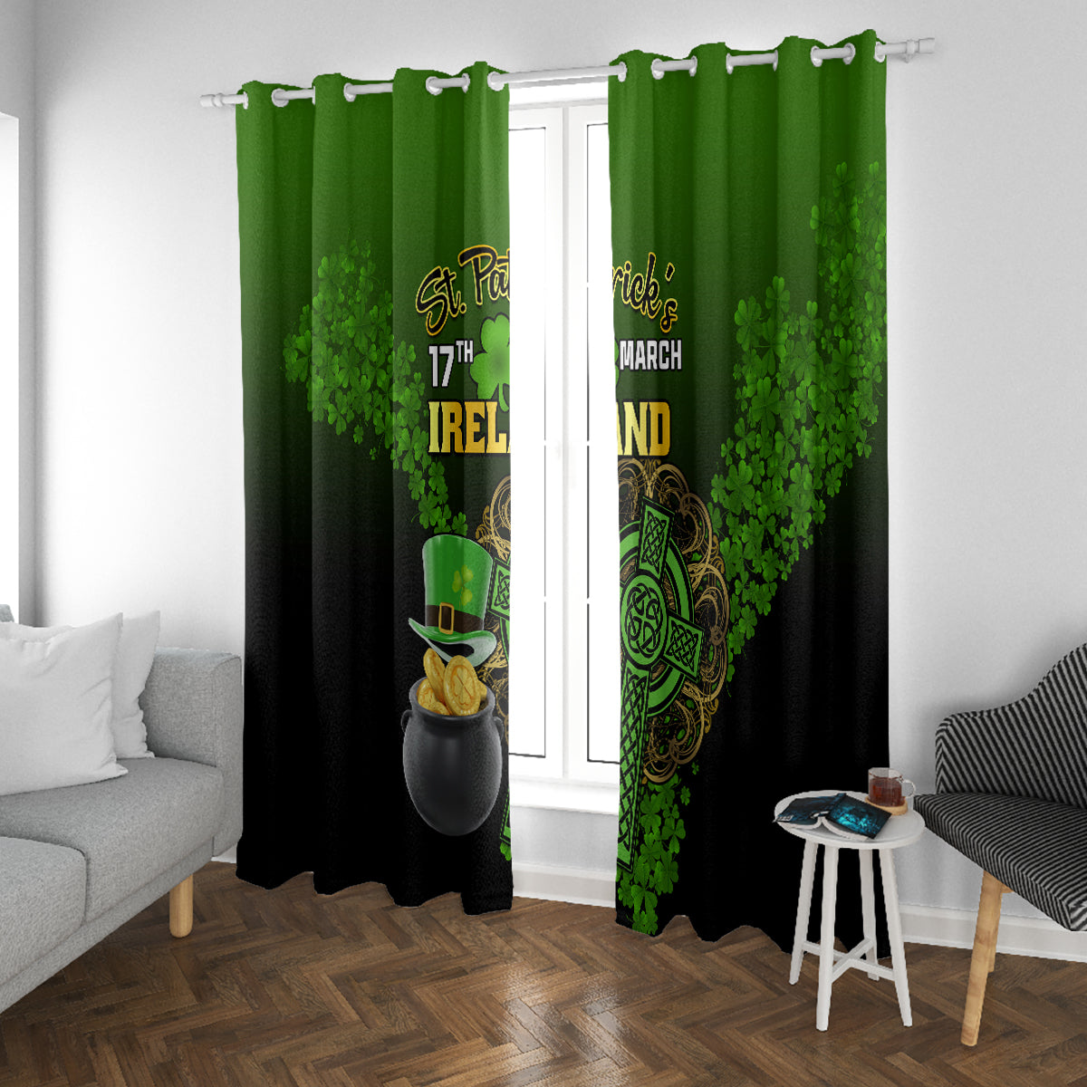 Green and black St. Patrick’s Day window curtain with Irish clover and gold coin pot print