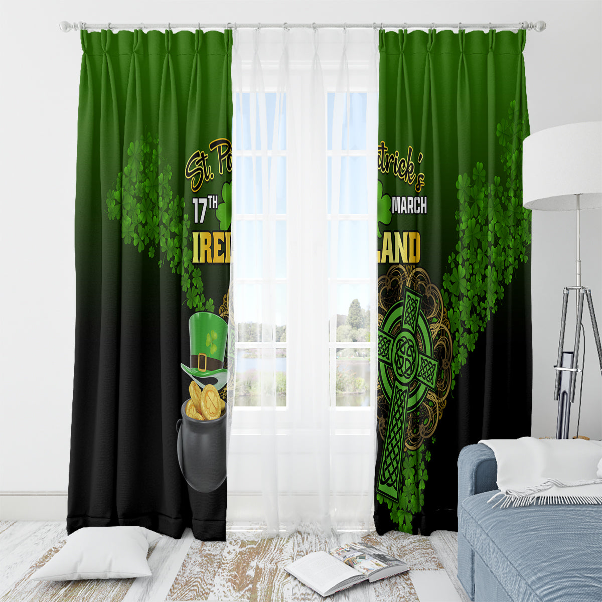 Green and black St. Patrick’s Day window curtain pair with shamrock and pot of gold graphic