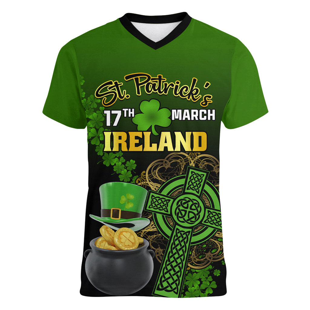 Leprechaun Hat Gold Coins St Patricks Day Personalized Women V Neck T Shirt With Irish Celtic Shamrock - Wonder Print Shop