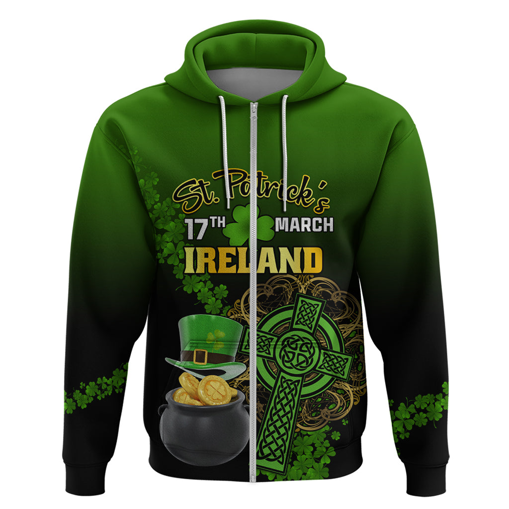 Green zip hoodie with St. Patrick’s Ireland graphic, shamrock, pot of gold and coins
