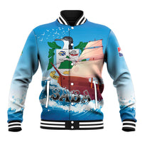 Blue varsity baseball jacket with snap front, ribbed cuffs, and sailboat graphic on chest