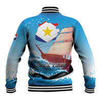Blue baseball jacket back with ribbed collar, striped hem, and sailboat state graphic with text