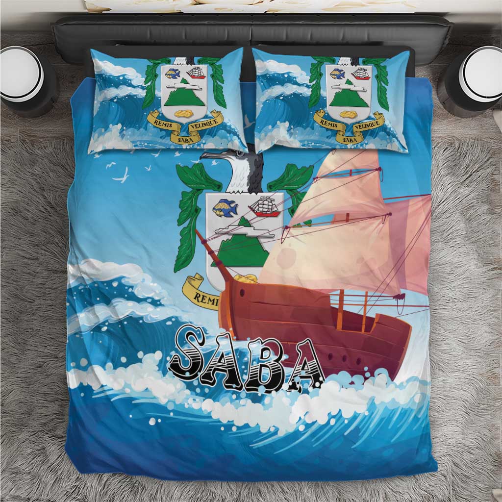 Blue bedding set with sailboat, waves, and cloud pattern plus matching pillowcases