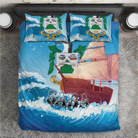 Blue bedding set with sailboat, waves, and cloud pattern plus matching pillowcases
