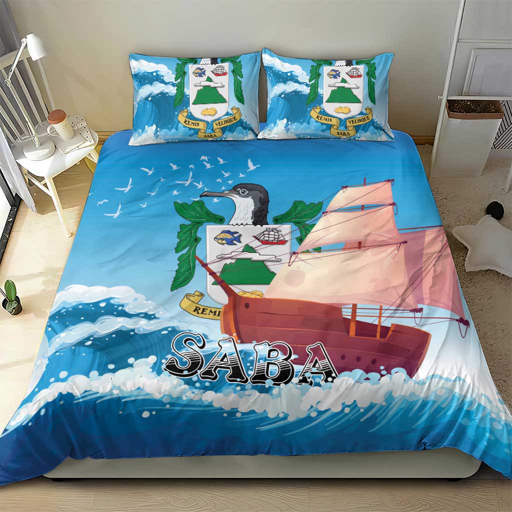Blue bedding set with sailboat scene, ocean waves, and 'SABA' text on comforter