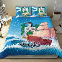 Blue bedding set with sailboat scene, ocean waves, and 'SABA' text on comforter