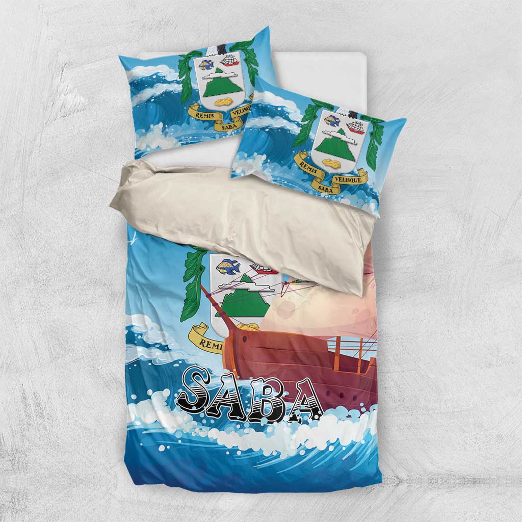 Blue bedding set with sailboat and waves print, folded duvet and two pillows