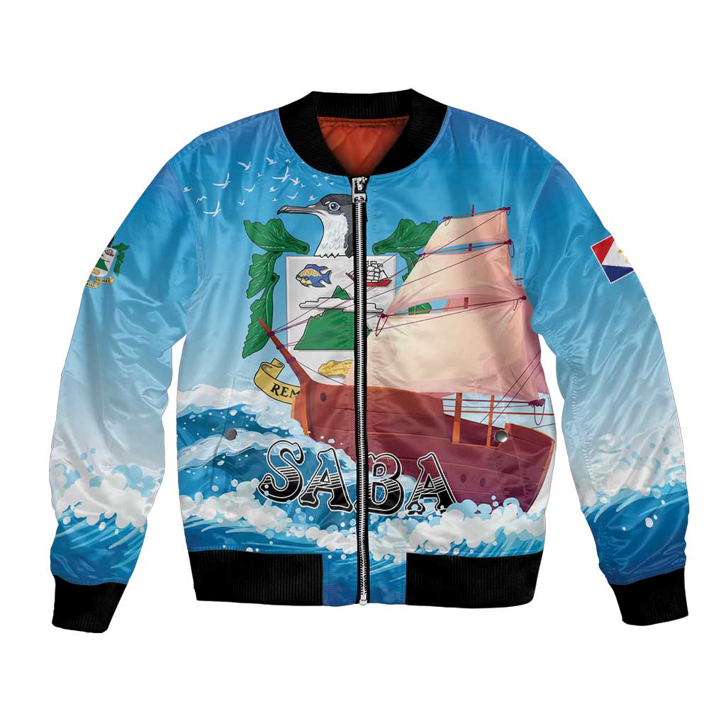 Blue bomber jacket with sailboat and SABA print, front zip, black ribbed collar and hem