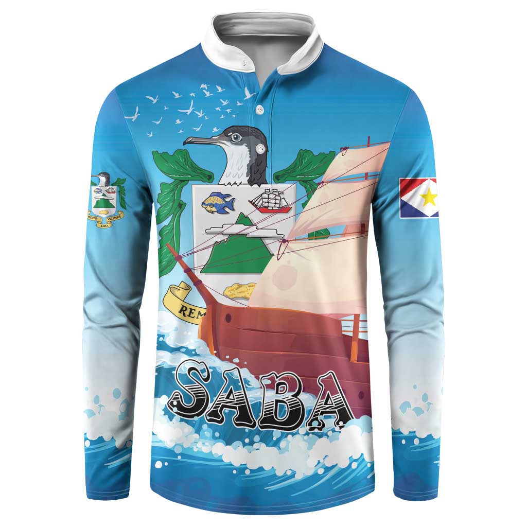 Blue button-front sweatshirt with sailboat bird graphic and bold 'SABA' print
