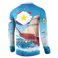 Blue button-front sweatshirt back with large map-and-sailboat graphic and 'YOUR TEXT'