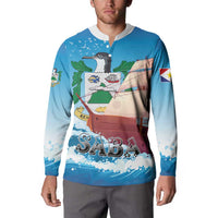 Blue button-front sweatshirt with sailboat bird graphic, 'SABA' print, and wave accents