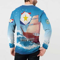 Blue button-front sweatshirt back with Saba map sailboat graphic and 'YOUR TEXT'