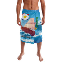 Blue swim shorts with sailboat and wave graphic, elastic waist and side pockets