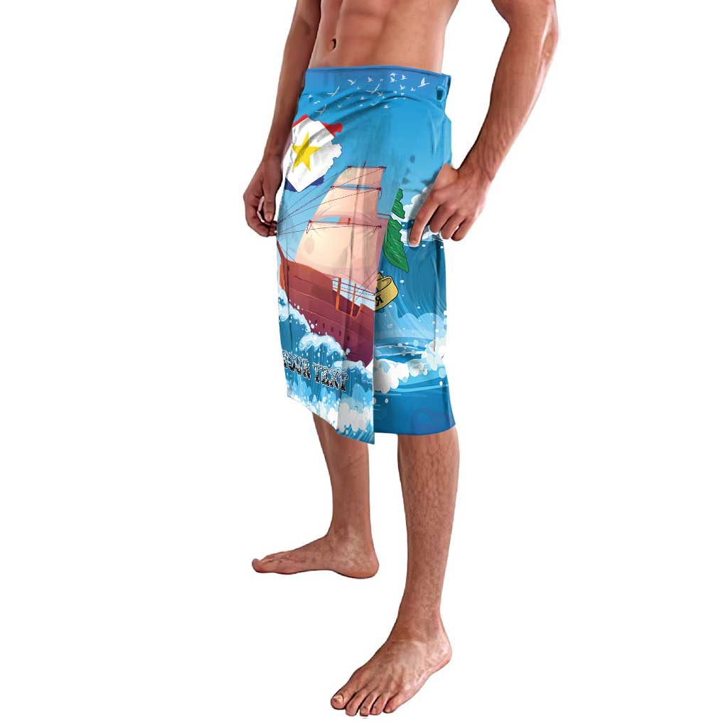 Blue swim shorts with sailboat and wave graphic, side view, elastic waistband