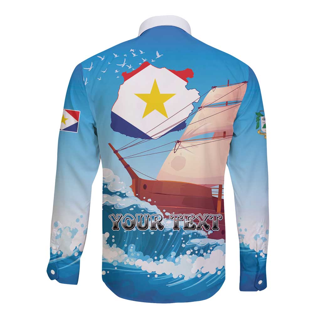 Unisex blue long-sleeve button shirt, back with YOUR TEXT sailboat graphic