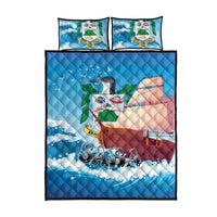 Blue sailboat quilt bed set with two pillow shams featuring sailboat and “SABA” print