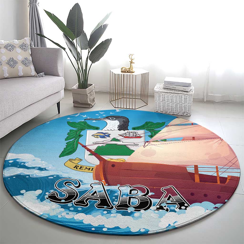 Round sailboat carpet rug with illustrated ship, blue clouds, and “SABA” letters