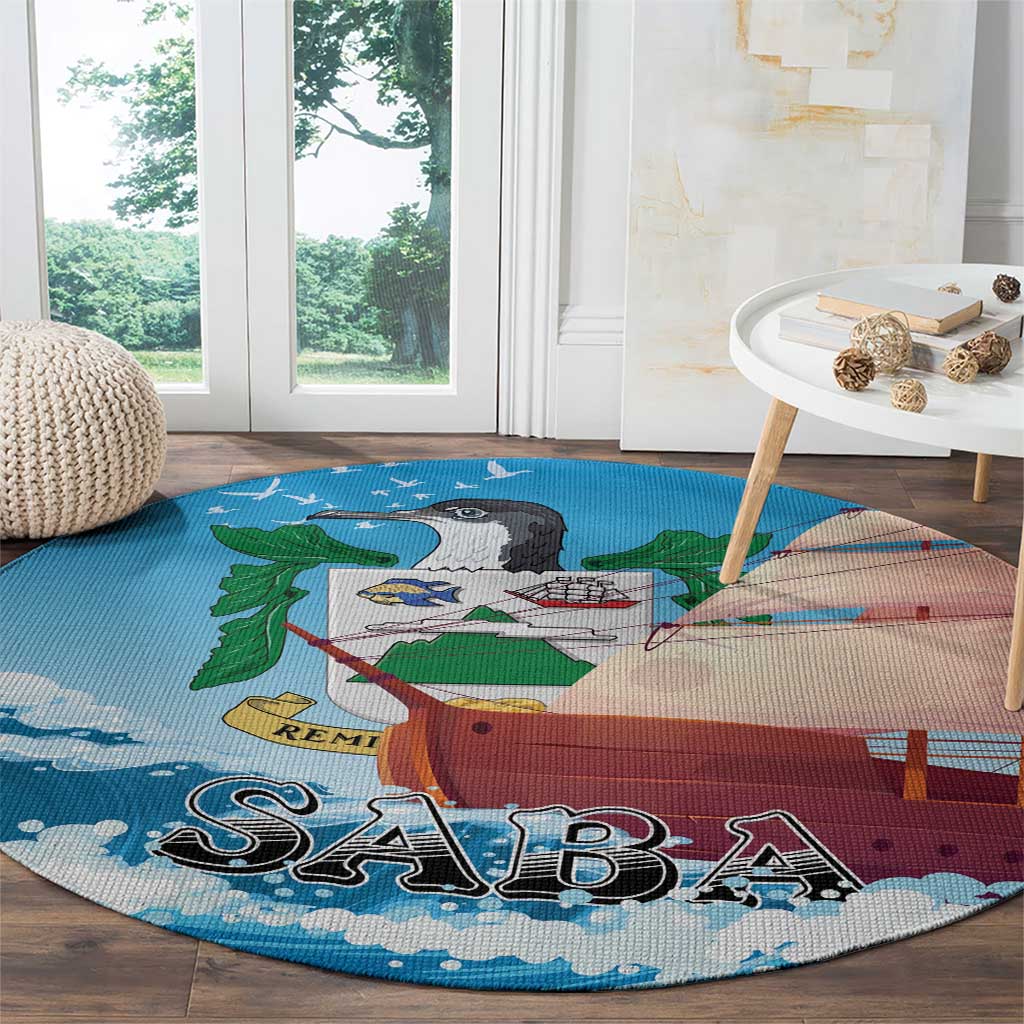 Round nautical carpet rug featuring sailboat scene with “SABA” text across waves