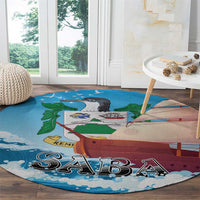 Round nautical carpet rug featuring sailboat scene with “SABA” text across waves