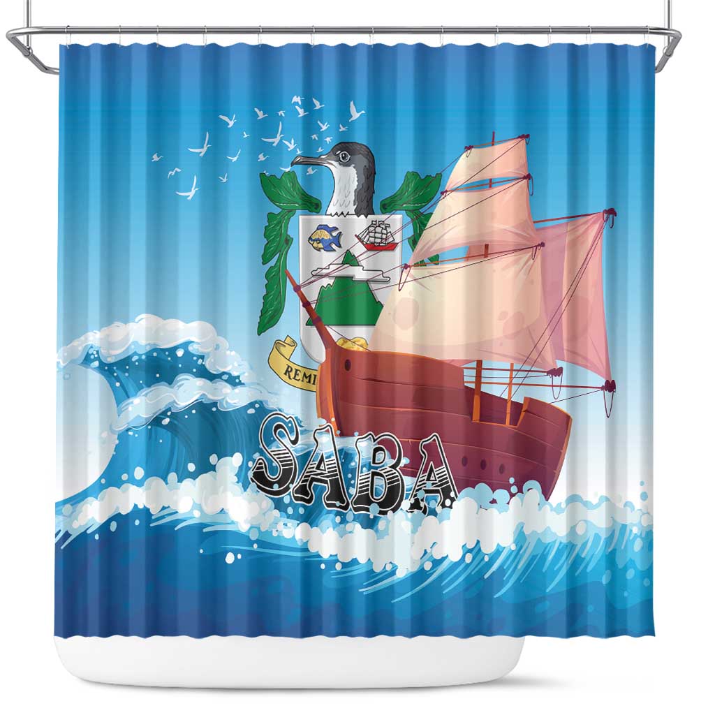 Blue shower curtain with sailboat, bird crest, “SABA” text and ocean waves