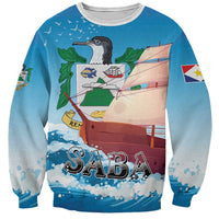 Blue crewneck sweatshirt with sailboat and island graphic, SABA text