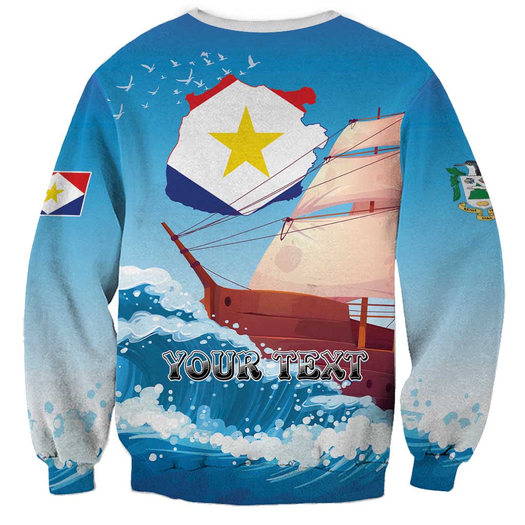 Blue crewneck sweatshirt with sailboat graphic and 'YOUR TEXT' on waves