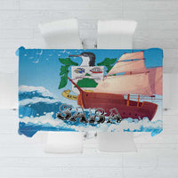 Blue sailboat themed tablecloth with “Saba” lettering and waves design