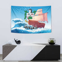 Blue tapestry wall hanging with sailboat, waves, and central “SABA” lettering