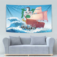 Blue rectangular tapestry wall hanging with sailboat and wave motif in the center