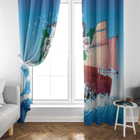 Blue window curtain set with sailboat artwork and ocean wave border