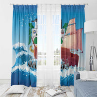 Blue window curtain set with sailboat and wave print, hung on header rings
