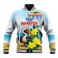 Personalized baseball jacket, light blue with striped collar; front graphic with pelican and flowers