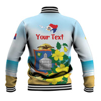 Personalized baseball jacket, light blue with striped collar; back text 'Your Text' and flowers