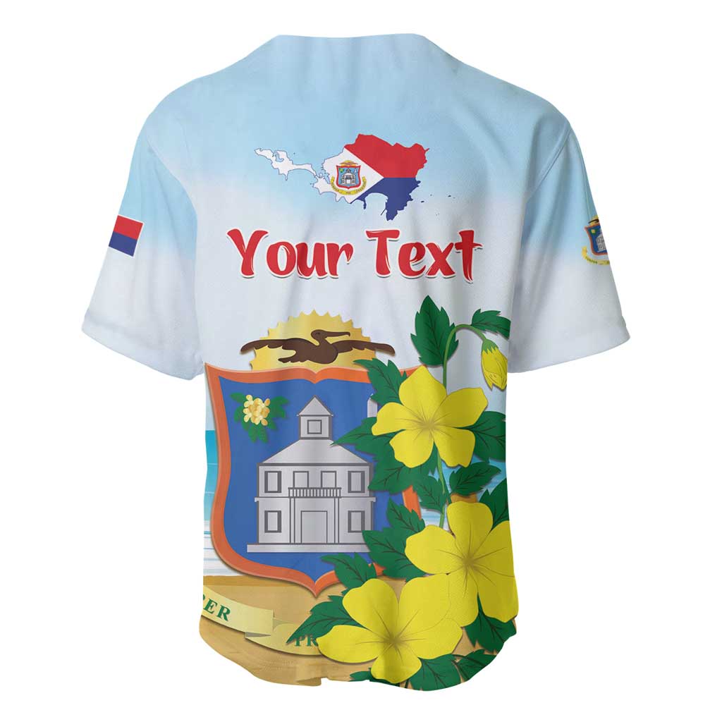 Light blue baseball jersey back with Your Text, island map, flags, and yellow hibiscus