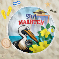 Round beach blanket with fringe, blue pelican and yellow flowers, 'Sint Maarten' print