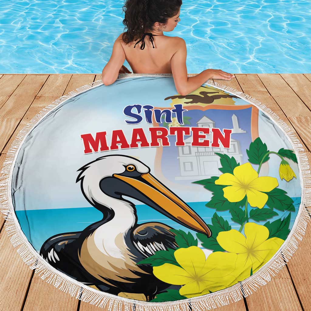 Round beach blanket with fringe, blue pelican motif and yellow flowers, 'Sint Maarten'