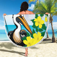 Round beach blanket with fringe, blue pelican design and yellow flowers, large 'Sint Maarten' text