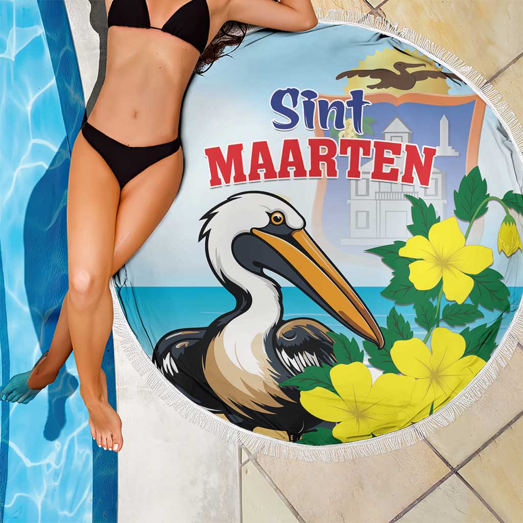 Round beach blanket with fringe, blue pelican and yellow flowers, 'Sint Maarten' print