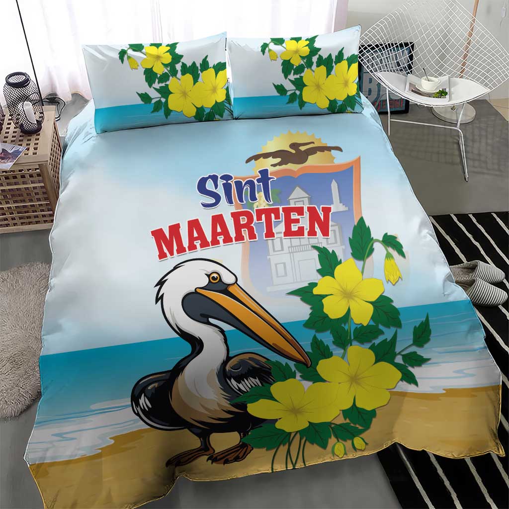 Blue bedding set featuring a pelican and yellow flowers with Sint Maarten text on duvet