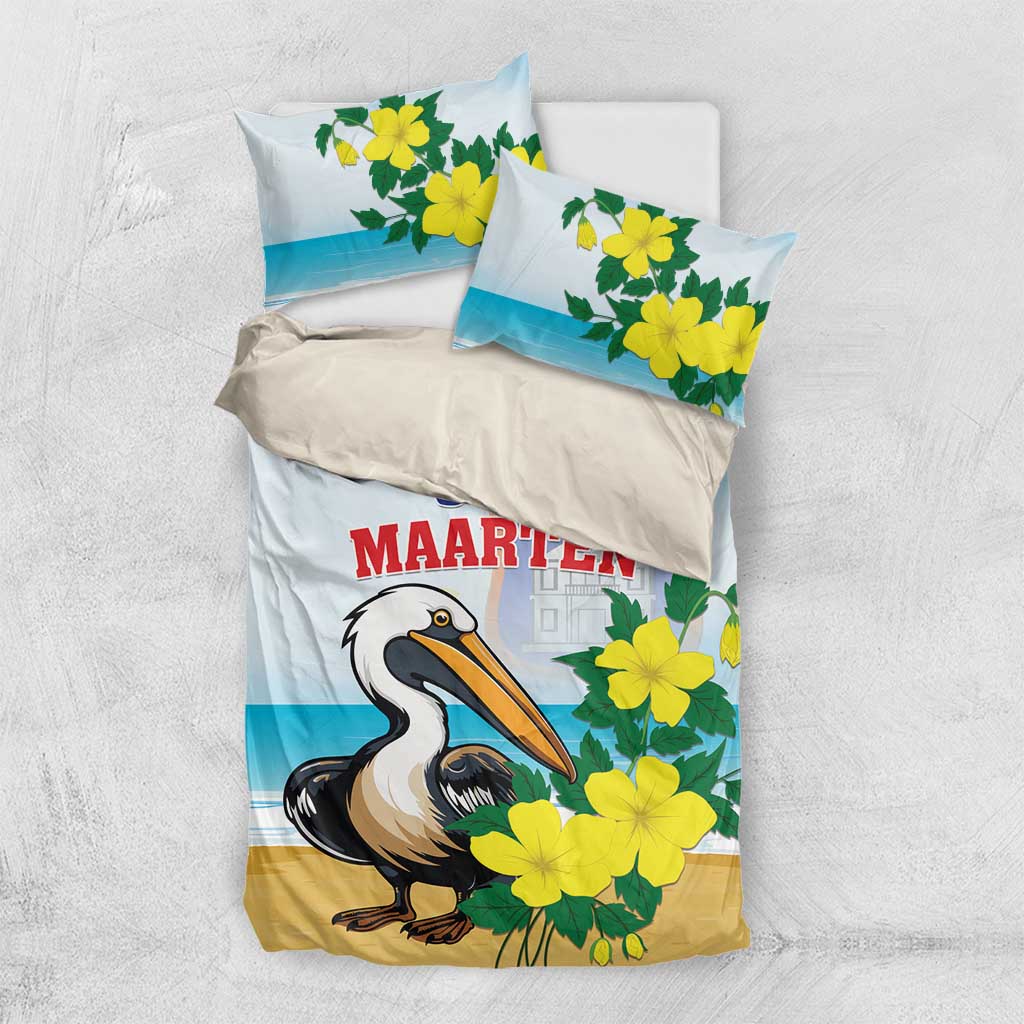 Bedding set with light blue duvet and two pillowcases, pelican and yellow flower print