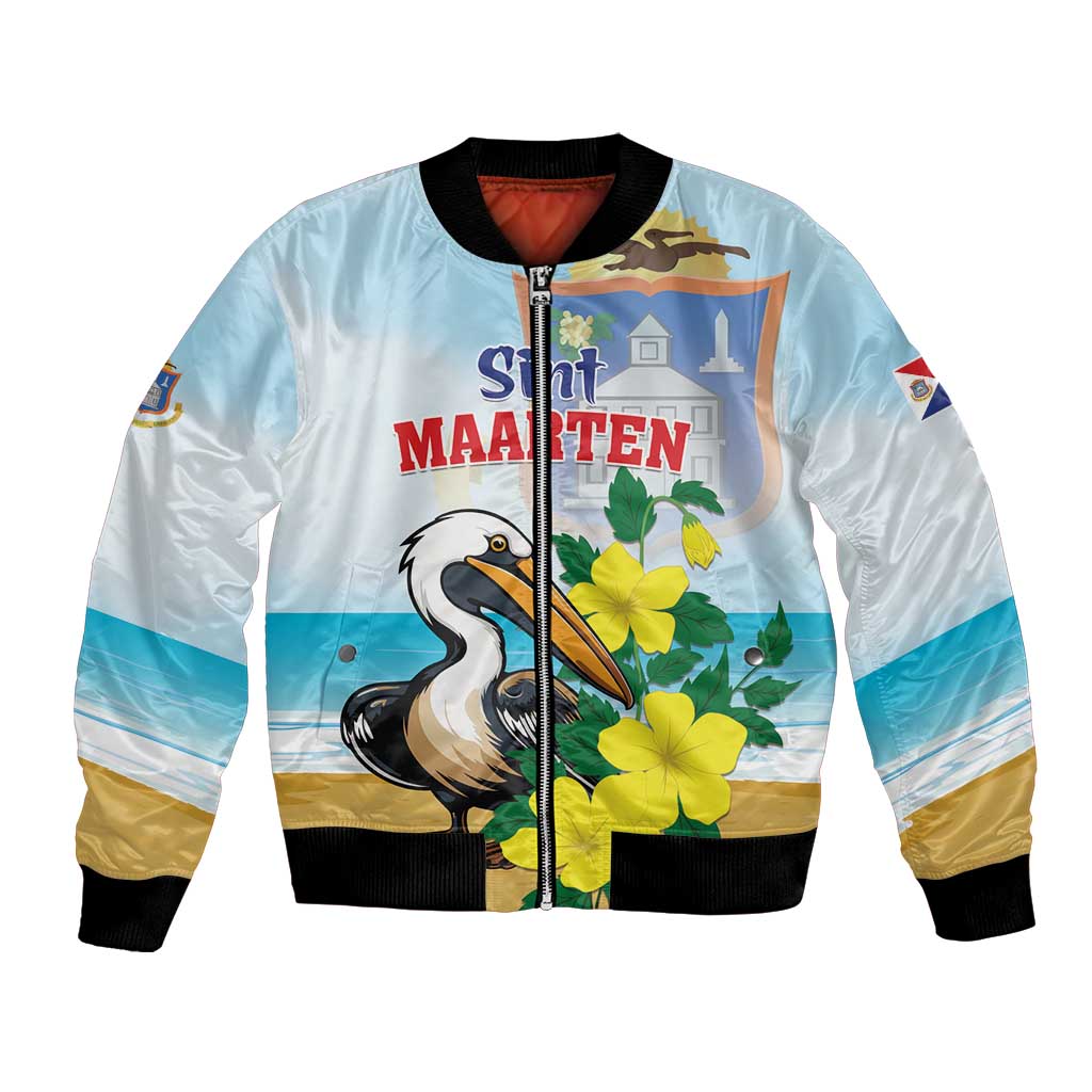 Light blue bomber jacket with graphic bird, flowers, and front zip; black ribbed hem