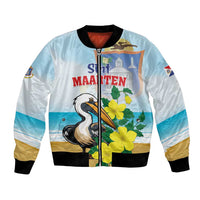 Light blue bomber jacket with graphic bird, flowers, and front zip; black ribbed hem