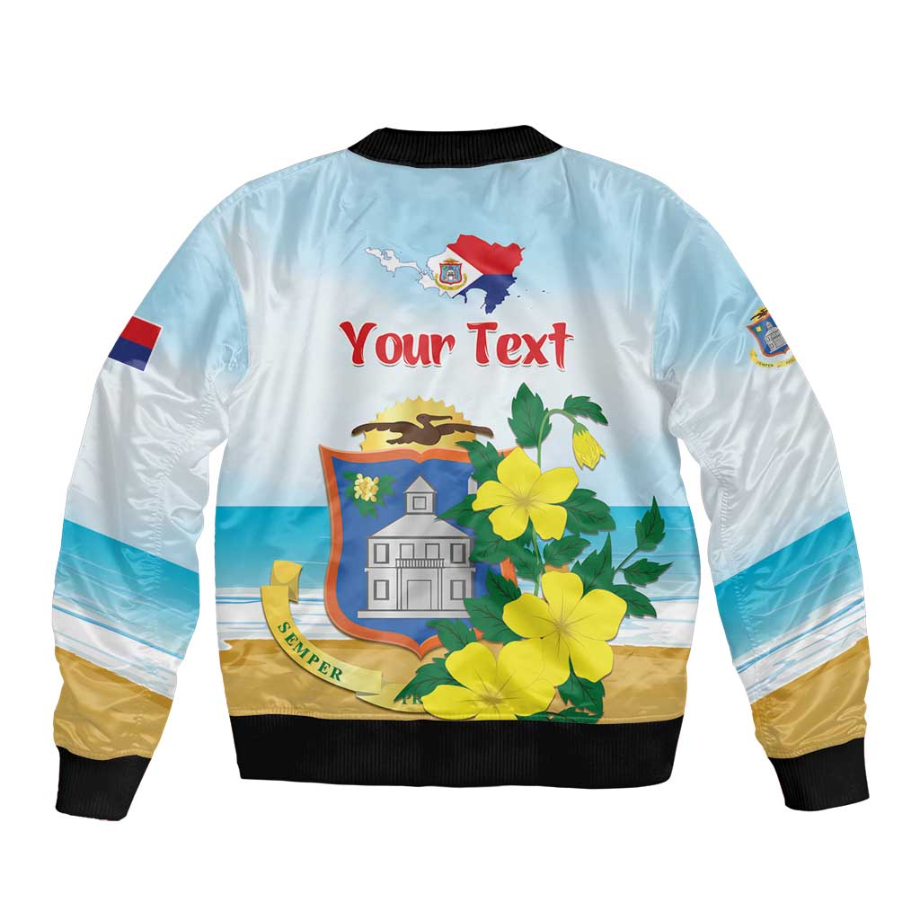 Light blue bomber jacket, back print with Your Text, buildings, and yellow flowers; black cuffs