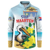 Light blue button sweatshirt with Sint Maarten pelican and yellow flowers graphic