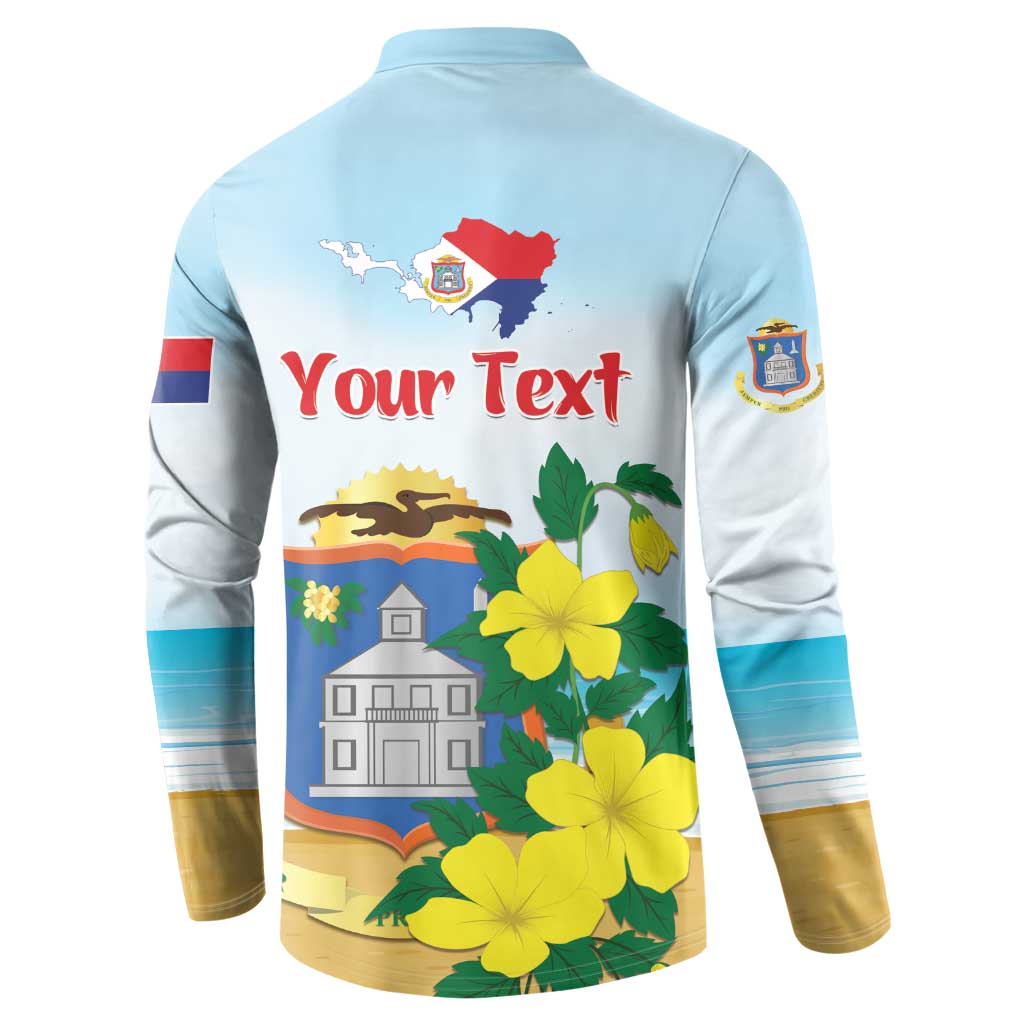 Light blue button sweatshirt back view with Your Text, Sint Maarten crest, and flowers