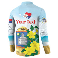 Light blue button sweatshirt back view with Your Text, Sint Maarten crest, and flowers