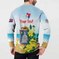 Light blue button sweatshirt worn by model; back shows Your Text with Sint Maarten crest