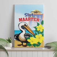 Sint Maarten canvas wall art featuring pelican and yellow blossoms, wall-hung view
